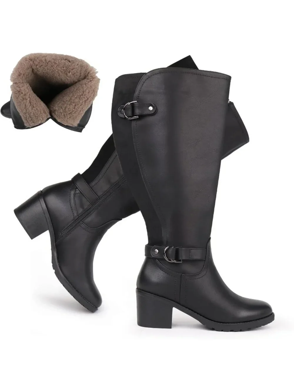 Women's Black/Wool Wide Calf Block Heel Decorated Double Buckle Knee High Boots